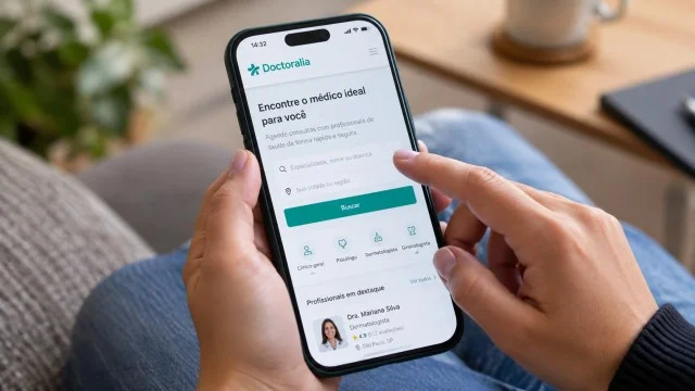 Doctoralia compartilha dados de saúde com Google, TikTok e LinkedIn Mãos de uma pessoa seguram um celular e acessam o site da Doctoralia, com a tela de busca por profissionais de saúde em destaque
