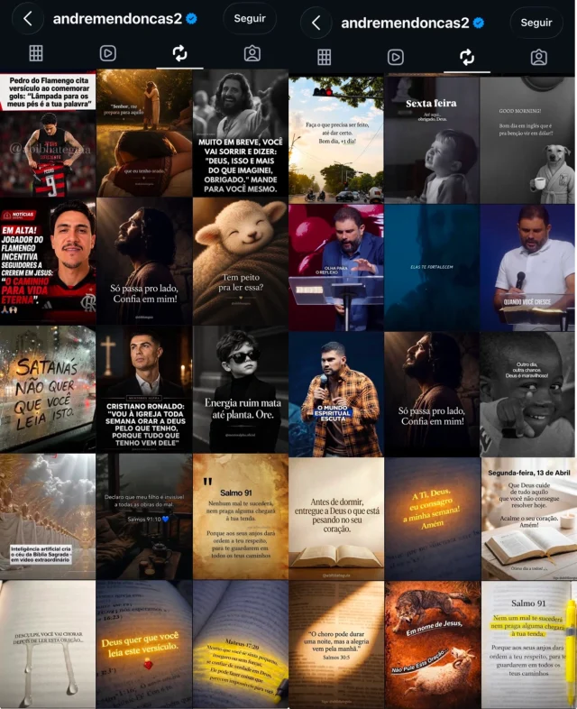 Bolsonaristas capturam perfis nas redes para inflar apoio religioso a Mendonça A imagem mostra uma captura de tela do perfil do Instagram 'andremendoncas2', com selo azul de verificação e botão 'Seguir'. A publicação exibe uma grade de imagens com conteúdo predominantemente religioso e mensagens de fé. Entre as imagens aparecem um jogador de futebol com uma camisa do Flamengo e a frase 'Jesus é suficiente', uma representação de Jesus, uma pessoa ajoelhada em oração, um homem pregando diante de um púlpito, uma criança, um cachorro com a frase 'Good morning!', além de imagens com referências bíblicas e frases como 'Muito em breve, você vai sorrir e dizer: Deus, isso e mais do que imaginei, obrigado! Mande para você mesmo', 'Só passa pro lado, confia em mim!', 'Tem peito pra ler essa?', 'Satanás não quer que você leia isto'.
