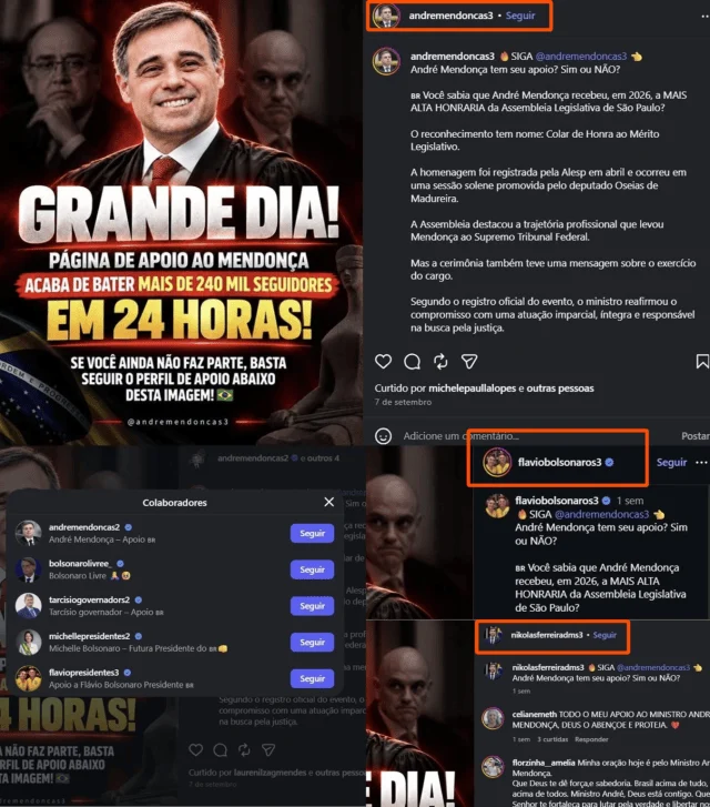 Bolsonaristas capturam perfis nas redes para inflar apoio religioso a Mendonça A imagem é uma montagem de capturas de tela de publicações no Instagram. À esquerda, há uma arte com uma fotografia de André Mendonça sorrindo, usando toga preta e gravata vermelha, com outras pessoas ao fundo. Sobre a imagem, aparecem os textos 'GRANDE DIA!', 'PÁGINA DE APOIO AO MENDONÇA', 'ACABA DE BATER MAIS DE 240 MIL SEGUIDORES EM 24 HORAS!' e 'SE VOCÊ AINDA NÃO FAZ PARTE, BASTA SEGUIR O PERFIL DE APOIO ABAIXO DESTA IMAGEM!'. Na parte inferior, aparece a identificação @andremendoncas3 e uma bandeira do Brasil. A montagem demonstra que outros perfis publicaram a mesma peça em datas similares.