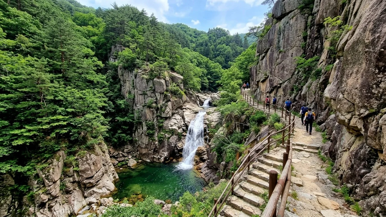 O percurso de ecoturismo começa no tradicional templo Bogyeongsa em meio a pinheiros imponentes.