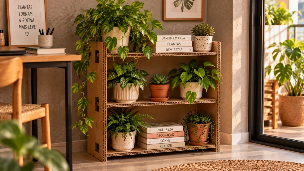 Uma caixa de papelão resistente pode ganhar nova função como estante decorativa. Confira como montar a estrutura e quais cuidados tomar com peso e água.
