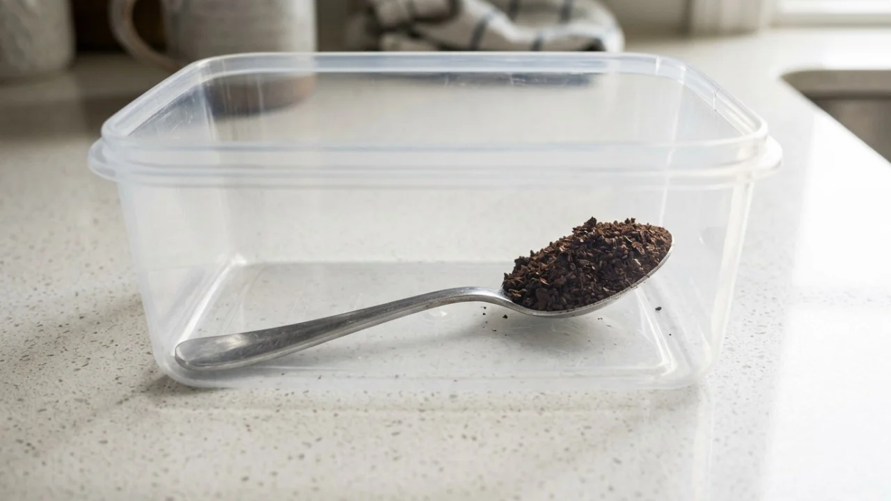 A borra de café seca é uma alternativa natural e eficiente para neutralizar odores persistentes em recipientes plásticos.