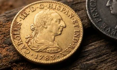 O conjunto monetário resgatado inclui peças de ouro e prata cunhadas no período colonial.