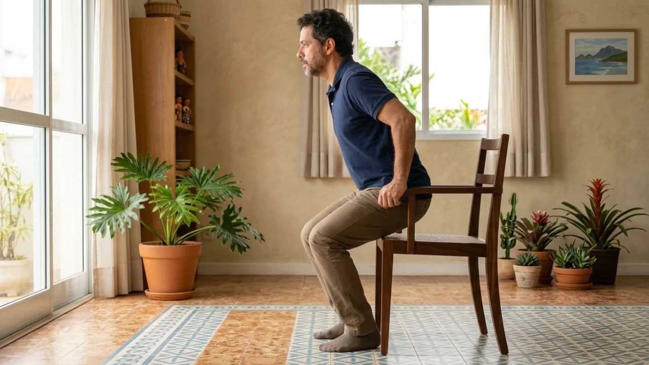 Os exercícios mais indicados para fazer em casa para evitar a rigidez muscular após os 40 anos Sentar, elevar calcanhares e deslizar braços treinam movimentos cotidianos importantes.