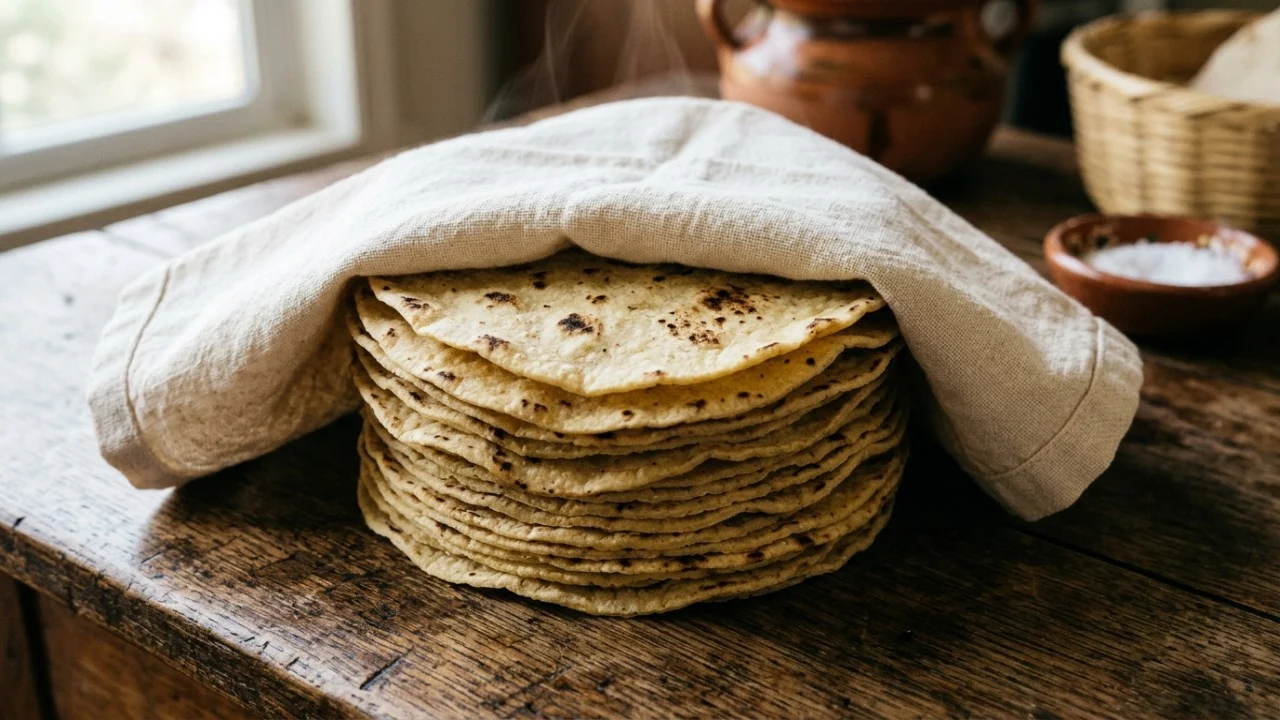 A maneira mexicana de manter tortillas macias não exige forno nem micro-ondas: depois de aquecidas, elas são empilhadas e embrulhadas em um pano para conservar calor e umidade até a hora de montar os tacos imagem 1789513084 dgrrij