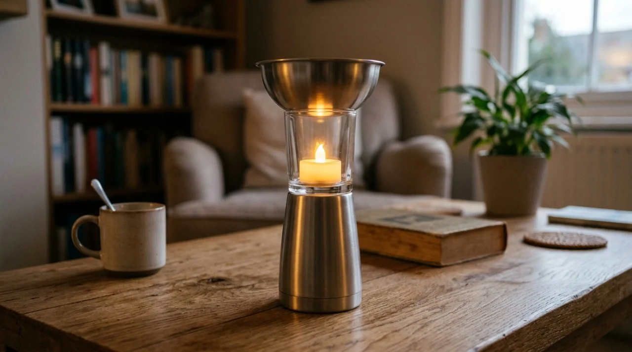 Vire um copo térmico de cabeça para baixo e empilhe 3 peças: o truque oriental de 10 segundos transforma 4 itens em uma luminária sem cola nem ferramentas O conceito central desse projeto consiste em aproveitar a estabilidade dos objetos sem recorrer a fixações mecânicas.