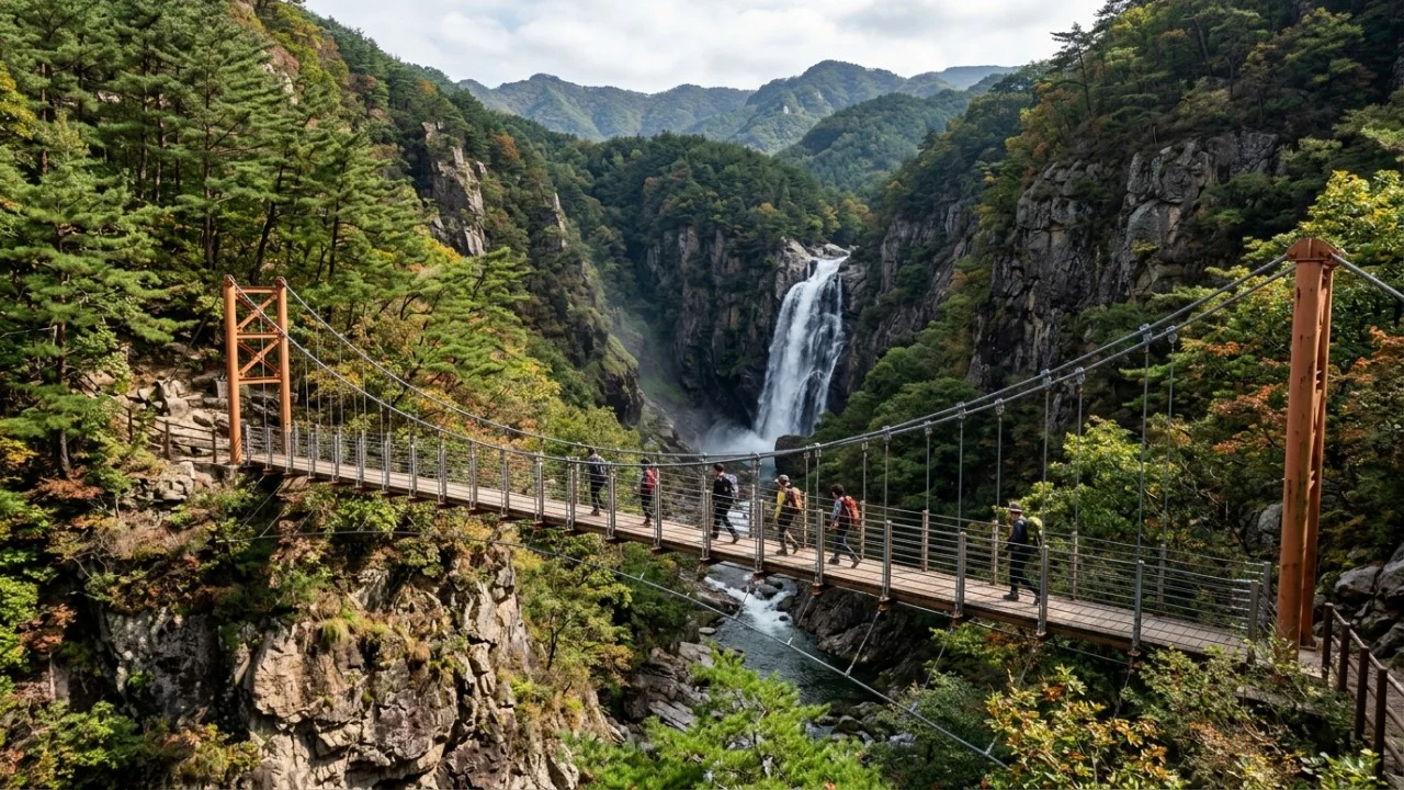 A monumental cachoeira Yeonsan e a ponte suspensa coroam a trilha com uma paisagem inesquecível.