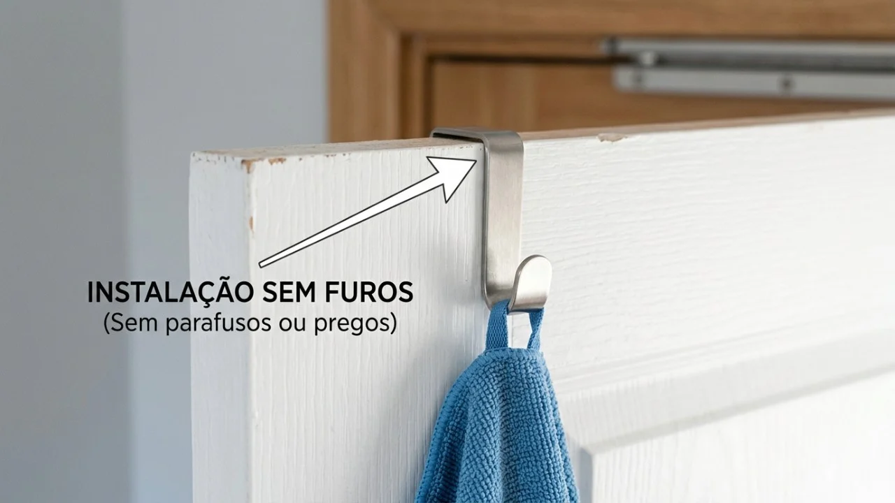 Organizadores suspensos e ganchos removíveis garantem armazenamento vertical prático sem fazer furos.
