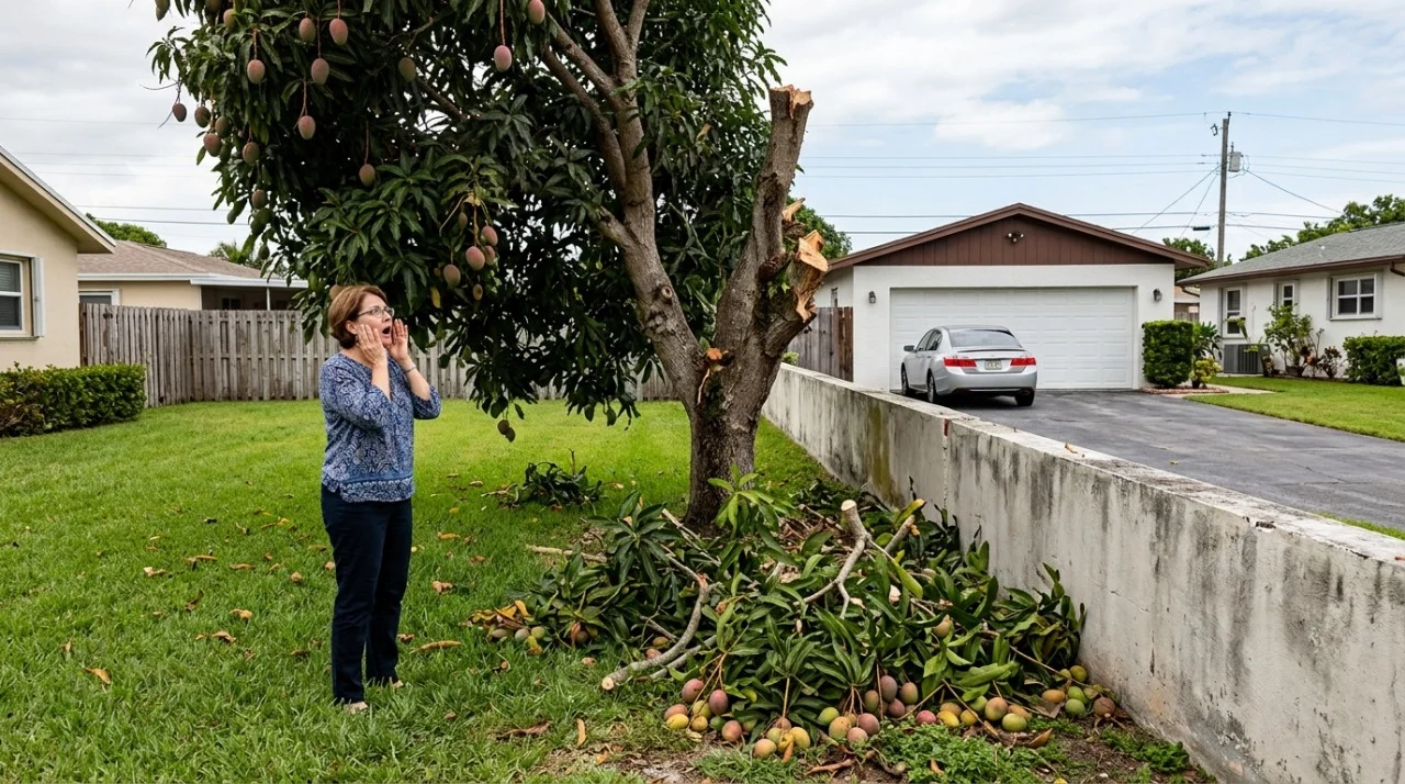 Após plantar uma mangueira a menos de dois metros do muro, mulher passa oito anos recolhendo folhas e frutas no próprio quintal, até o vizinho cortar os galhos que avançavam sobre a garagem e ela encontrar metade da copa no chão ao voltar do trabalho Durante a época de frutificação, o problema ficou mais evidente.