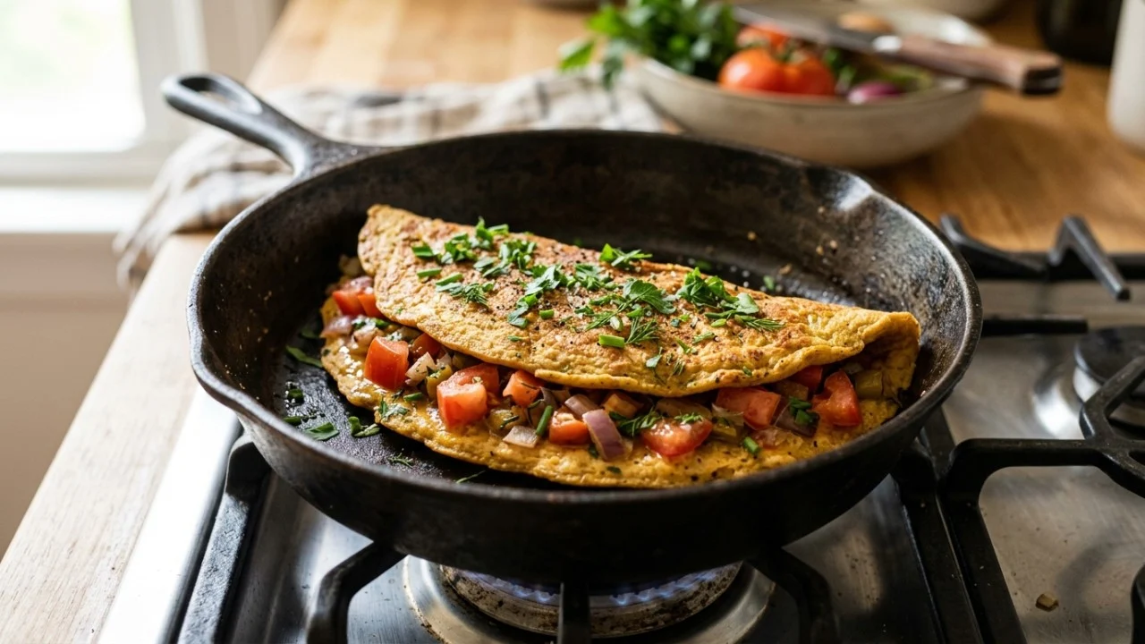 Preparo de omelete vegetal na frigideira com temperos frescos para uma refeição prática e nutritiva.