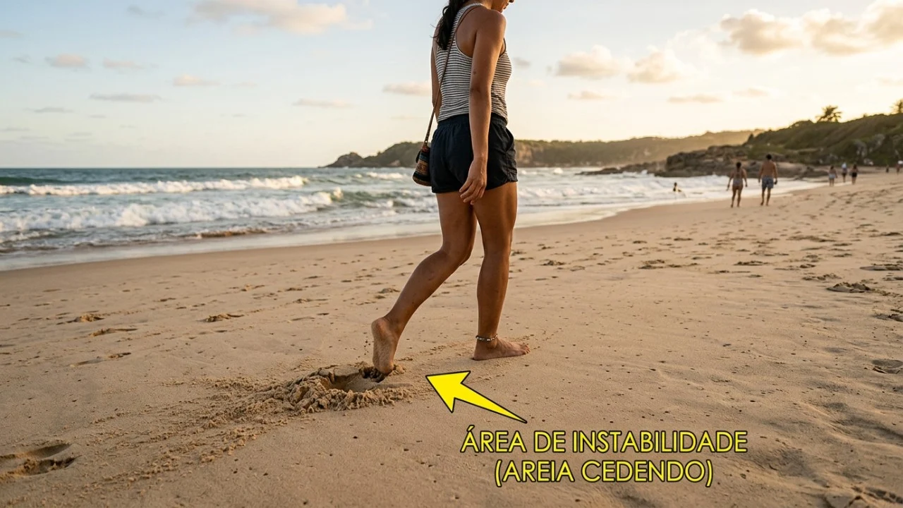 Evitar trechos de areia fofa previne sobrecargas e reduz o risco de lesões musculares durante a caminhada.