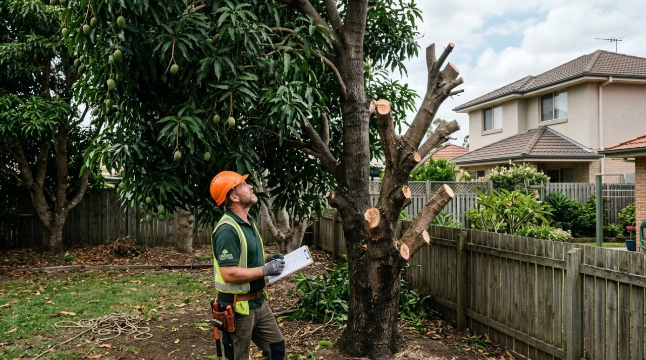Após plantar uma mangueira a menos de dois metros do muro, mulher passa oito anos recolhendo folhas e frutas no próprio quintal, até o vizinho cortar os galhos que avançavam sobre a garagem e ela encontrar metade da copa no chão ao voltar do trabalho Durante a época de frutificação, o problema ficou mais evidente.