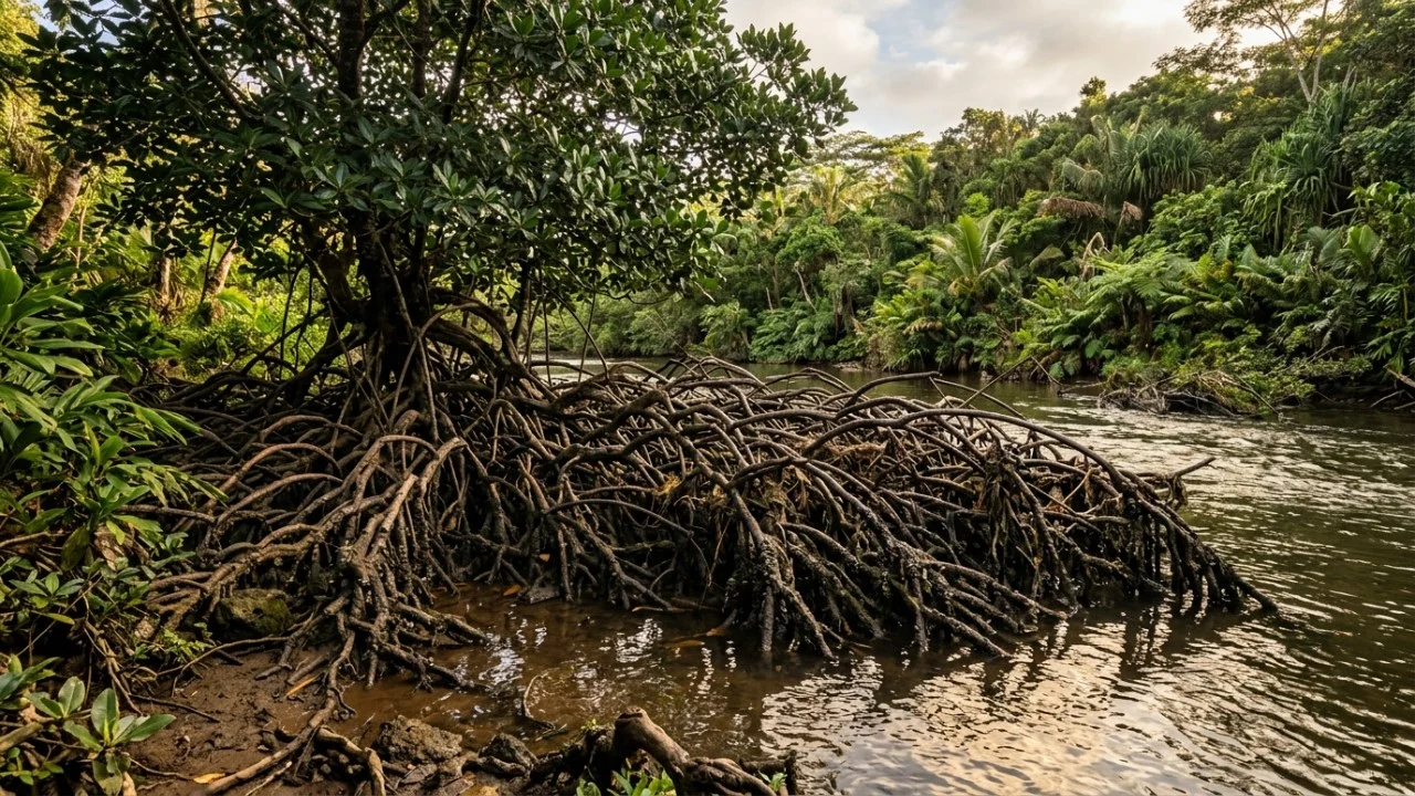 Em 1902, o Havaí plantou mangue-vermelho para conter a erosão; 124 anos depois, a espécie invasora entope cursos d’água e degrada o habitat de aves aquáticas ameaçadas Mutirões ambientais buscam desobstruir as margens costeiras para restaurar o fluxo hídrico natural e proteger as aves endêmicas.