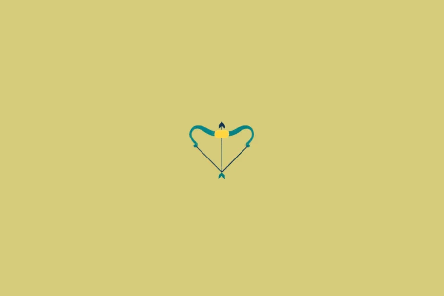 Arco e flecha estilizados, com a flecha apontada para cima. O arco é azul e possui detalhes amarelos. Em fundo verde-claro.