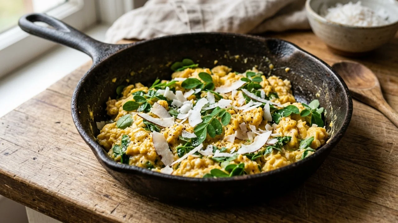 Refogado nutritivo de folhas frescas de moringa com ovos e especiarias aromáticas.