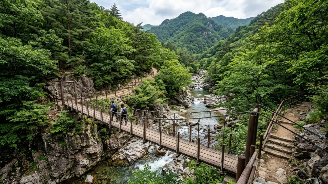 Na Coreia do Sul, uma trilha atravessa um vale com 12 cachoeiras aos pés do Hyangrobong: depois de cruzar uma ponte suspensa entre paredões rochosos, surge a Yeonsan, uma das maiores quedas do percurso O histórico templo Bogyeongsa marca o início de uma jornada cênica cercada por florestas nativas e vales verdejantes.