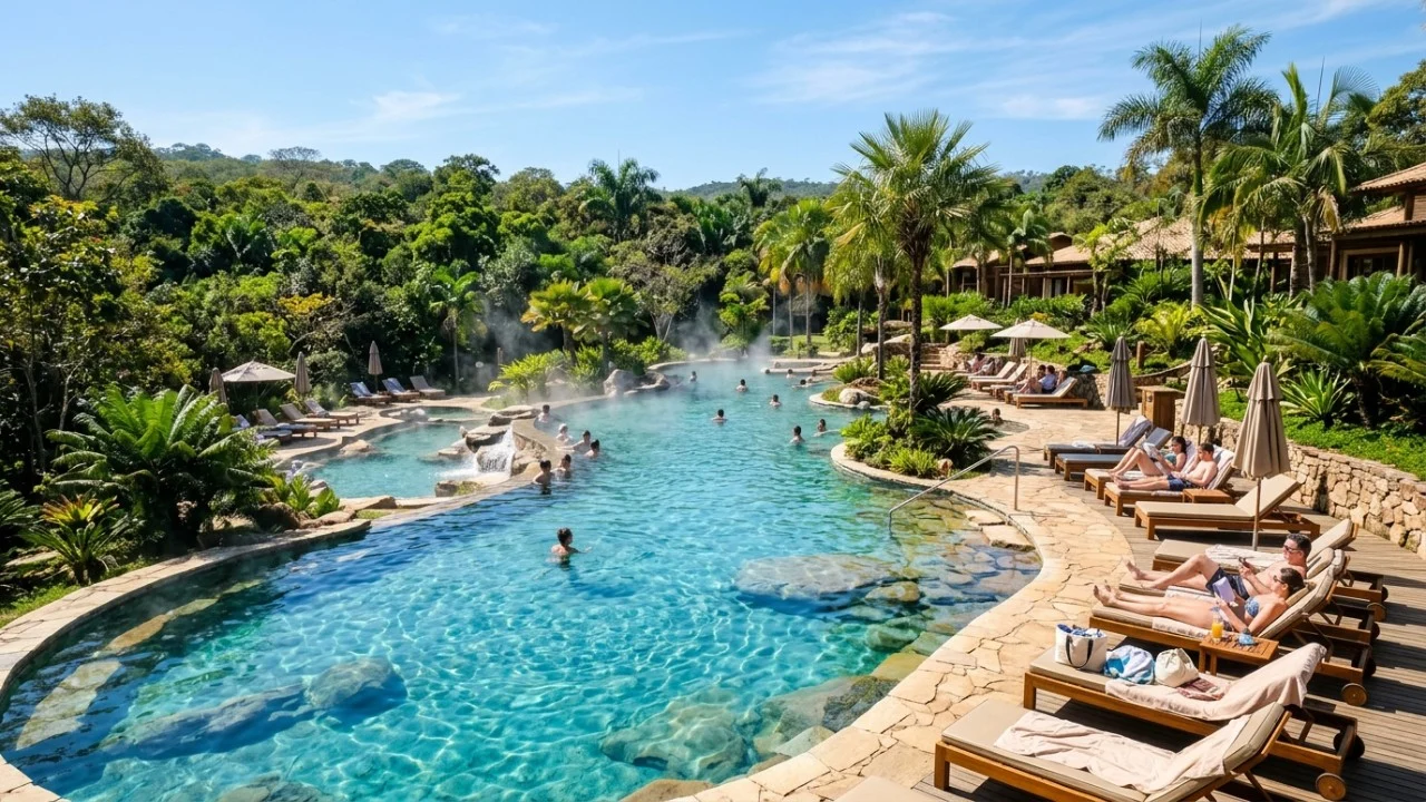A famosa praia artificial no planalto central reproduz o clima marítimo com ondas suaves em piscinas térmicas.