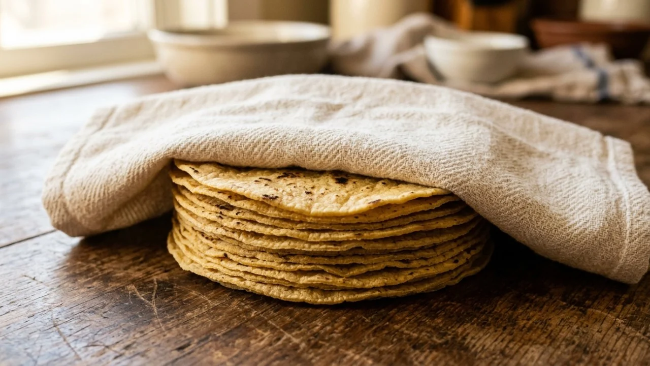 A maneira mexicana de manter tortillas macias não exige forno nem micro-ondas: depois de aquecidas, elas são empilhadas e embrulhadas em um pano para conservar calor e umidade até a hora de montar os tacos O vapor retido no embrulho hidrata a massa e evita que ela quebre ao montar os tacos.