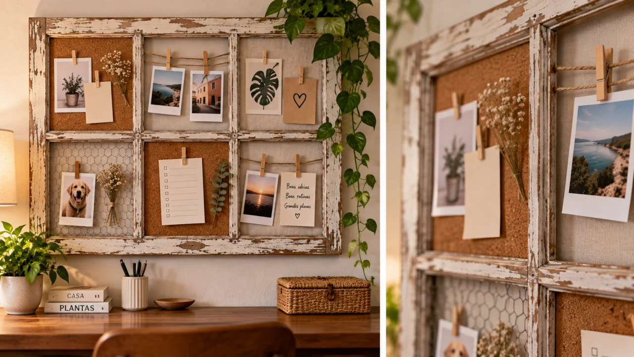 Como transformar uma moldura de janela em quadro de avisos? Aprenda a aproveitar as divisões da estrutura para organizar fotos, cartões, tarefas e recados.