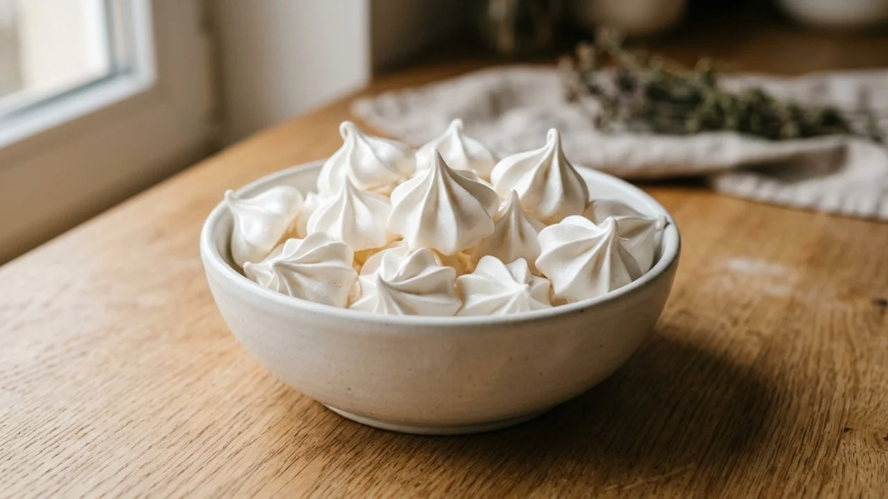 Merengue vegano sem clara de ovo: a água do grão-de-bico pode ser batida com açúcar e cremor tártaro até formar uma espuma firme capaz de ir ao forno A aquafaba substitui as claras de ovos perfeitamente na criação de um merengue vegetal consistente e brilhante.