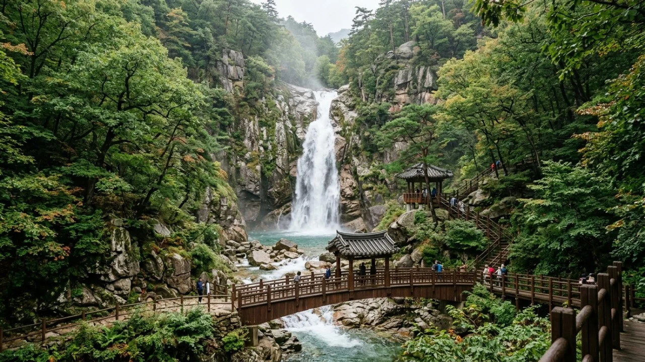 Na Coreia do Sul, uma trilha atravessa um vale com 12 cachoeiras aos pés do Hyangrobong: depois de cruzar uma ponte suspensa entre paredões rochosos, surge a Yeonsan, uma das maiores quedas do percurso A travessia pela ponte suspensa até a imponente cachoeira Yeonsan coroa a aventura ecológica no vale Cheonghagol.